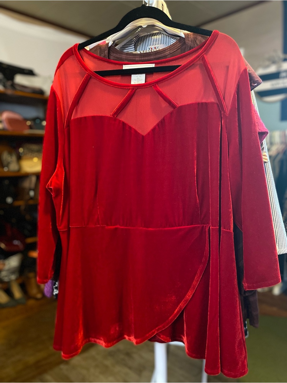 Monroe & Main Vibrant Red Velvet and Mesh Top